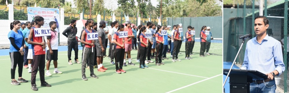 Participants at the inaugural day of the 67th All India Railway Tennis Championship in NFR HQ, Maligaon Guwahati on March 26. (inset) NFRSA General Secretary  Sasanka Sharma speaks on the occasion